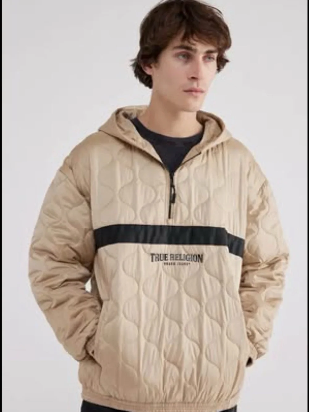 Brand New True Religion Tan Quilted Hooded Pullover with Black Chest Band